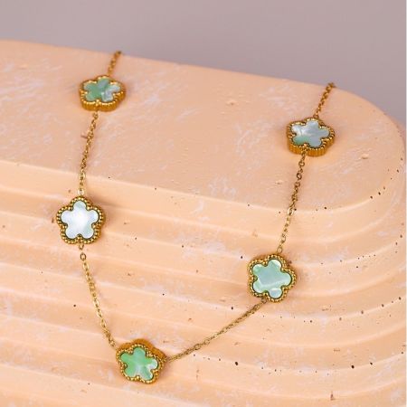 Náhrdelník s kvetinami a tyrkysovou perleťou Stainless Steel - zlatý