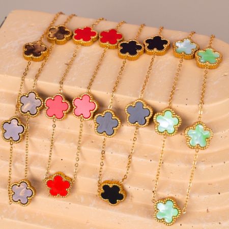 Náhrdelník s kvetinami a tyrkysovou perleťou Stainless Steel - zlatý