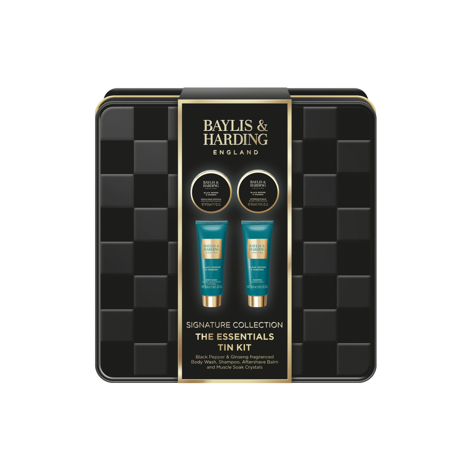 Baylis & Harding darčeková sada pre mužov, Black Pepper & Ginseng Men's The Essentials Tin Kit Gift Set, 4ks