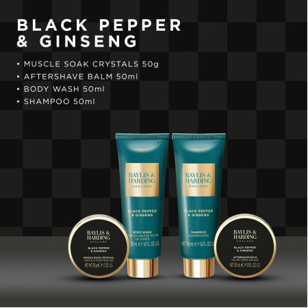 Baylis & Harding darčeková sada pre mužov, Black Pepper & Ginseng Men's The Essentials Tin Kit Gift Set, 4ks