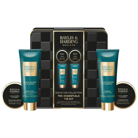 Baylis & Harding darčeková sada pre mužov, Black Pepper & Ginseng Men's The Essentials Tin Kit Gift Set, 4ks