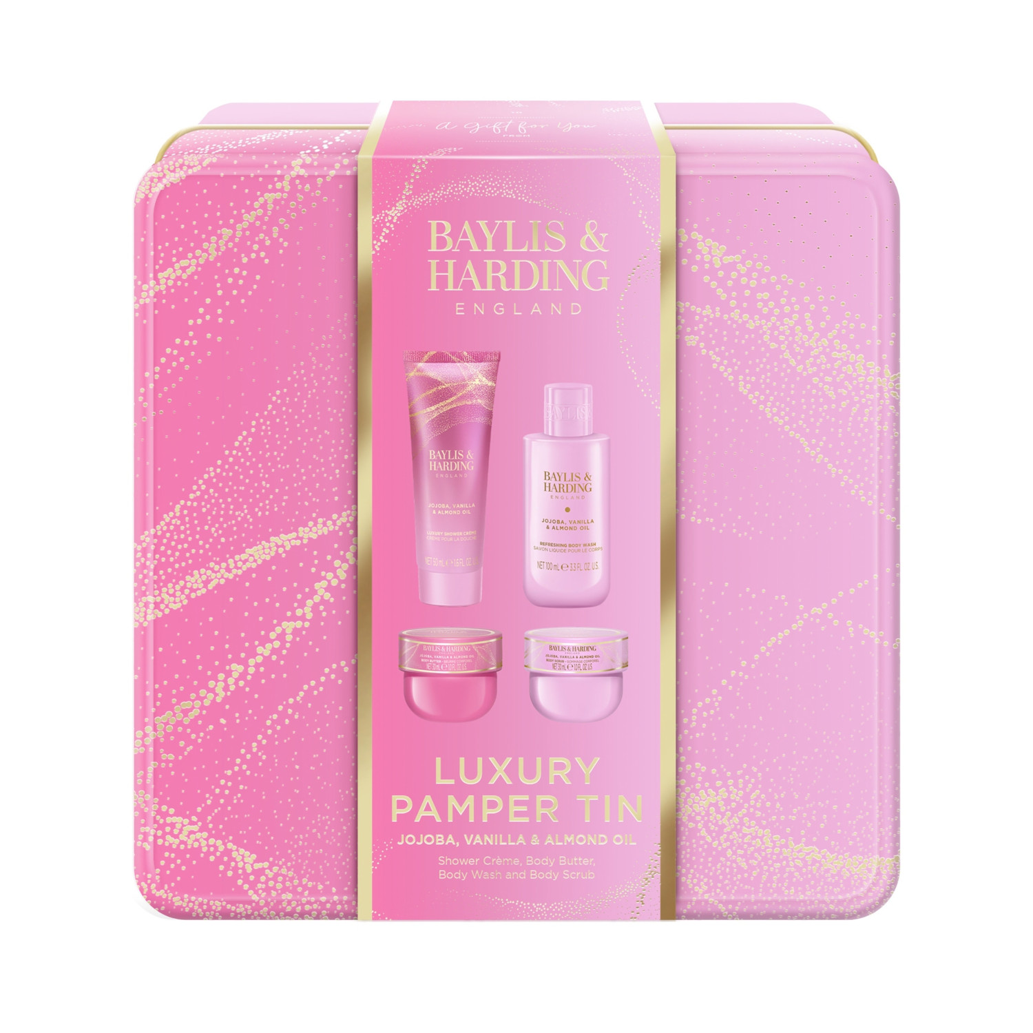 Baylis & Harding darčeková sada, Jojoba, Vanilla & Almond Oil Luxury Pamper Tin Gift Set, 4ks