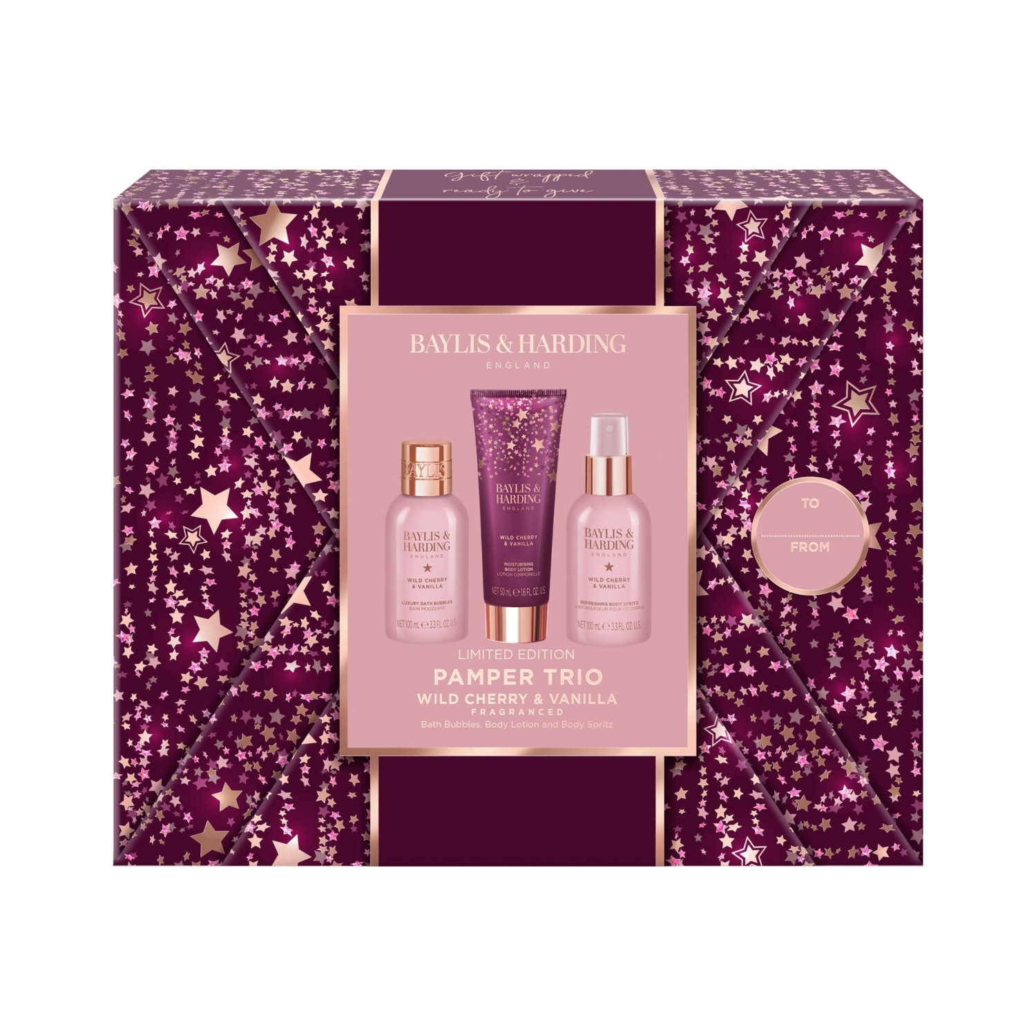 Baylis & Harding darčeková sada, Wild Cherry & Vanilla Gift Wrapped Pamper Trio Gift Set,3ks