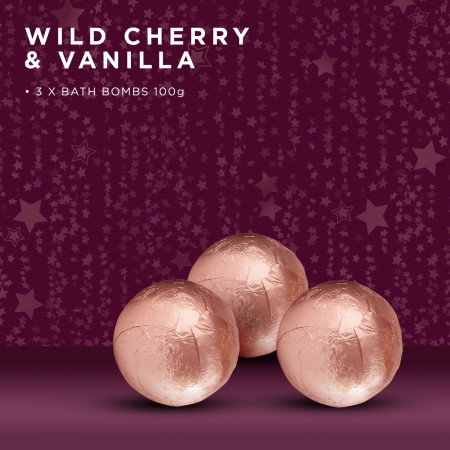 Baylis & Harding šumivé bomby do kúpeľa v darčekovom balení, Wild Cherry & Vanilla Luxury Bath Bomb Trio Gift Set, 3×100 g