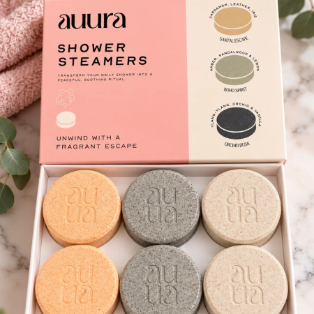 Face Facts Auura aromatické šumivé tablety do sprchy, Santal Escape, Boho Spirit & Orchid Dusk, 6 ks
